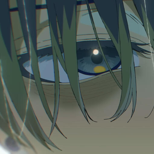 a frame of Double, mikoto kayano's second trial song. mikoto's eye is all that is visible. he has heavy eye bags and messy hair.