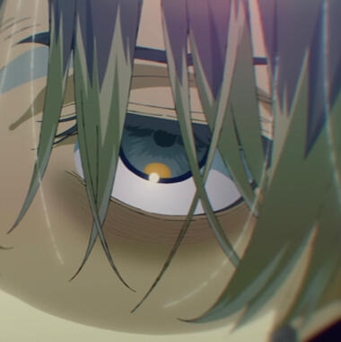 a frame of Double, mikoto kayano's second trial song. the camera shows john's eye. he has heavy eyebags.