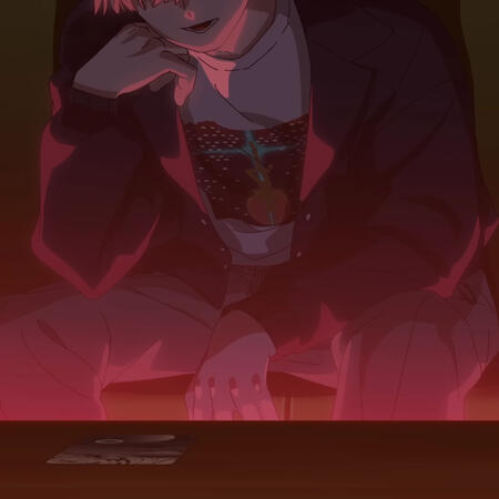 a frame of MeMe, mikoto kayano's first trial song. mikoto's face is not visible. there is red lighting from all around. john is sitting on a couch, head resting on his hand as he smirks.