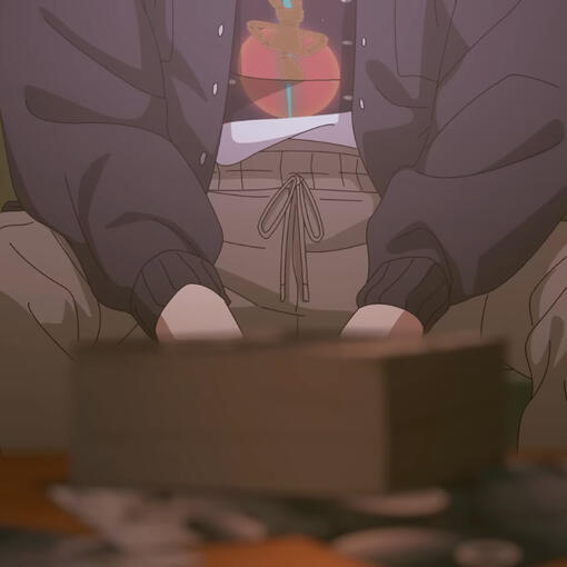 a frame of MeMe, mikoto kayano's first trial song. mikoto's face is not visible. a deck of cards is shown on a table. behind that is mikoto kayano, sitting on a couch and manspreading.